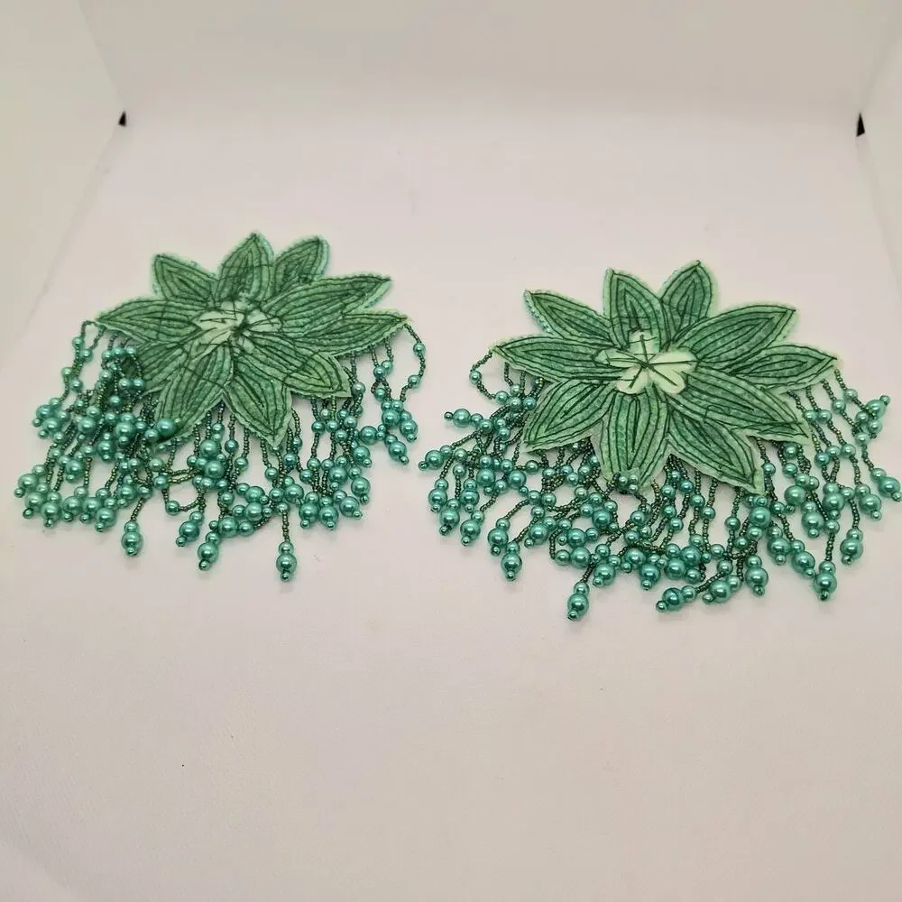 Green Sequin/Bead Starburst Epaulets  Bead Fringe Lot of 2